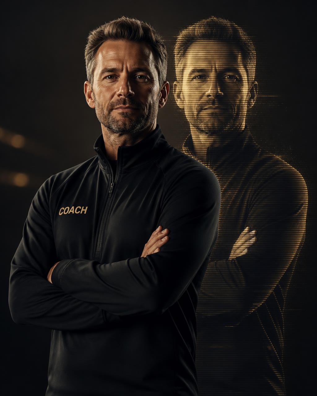 A coach standing beside a glowing digital clone of himself